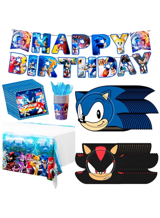 سونيك زينة حفلة عيد ميلاد سونيك لـ 16 ضيفًا، طقم أدوات مائدة على شكل سونيك مكون من 128 قطعة مع لافتة، أطباق، مناديل، أكواب، أدوات مائدة ومفرش طاولة – لوازم حفلات سونيك للأطفال - Image 1